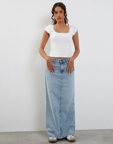 image of Low Rise Denim Maxi Skirt in Bleach Denim