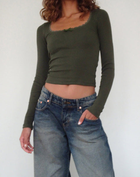 Image of Bovita Long Sleeve Ribbed Top in Olive