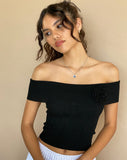 Image of Brenda Knitted Bardot Top in Black with Rosette