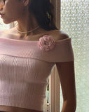 Image of Brenda Knitted Bardot Top in Pink with Rosette