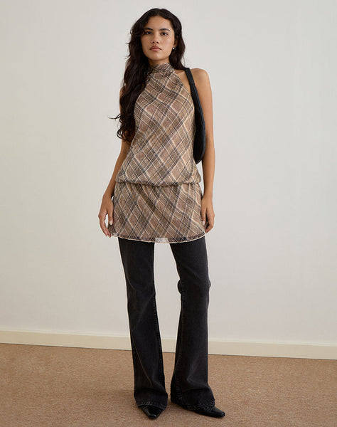 Image of Briani Halterneck Dress in Check Plisse Brown