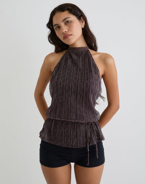 Image of Brienne Top in Brown Shimmer Sheer Plisse