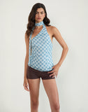 Image of Briva Neck Tie Top in Blurred Check Blue
