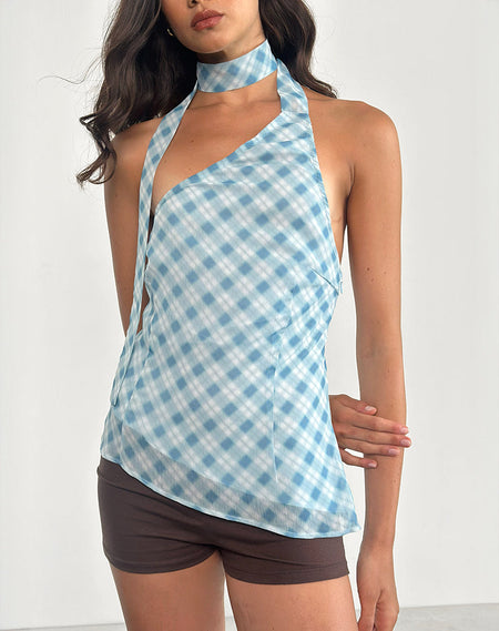 Alira Halterneck Dress in Blurred Check Blue