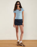 Image of Bunga Flower Cut Out Top in Nantucket Blue with Chocolate Binding