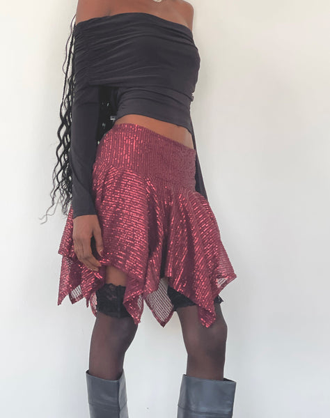 Image of Helga Waterfall Mini Skirt in Sequin Burgundy