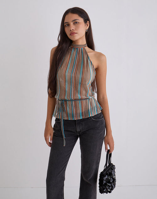 Image of Brienne Top in Blue and Brown Shimmer Sheer Plisse
