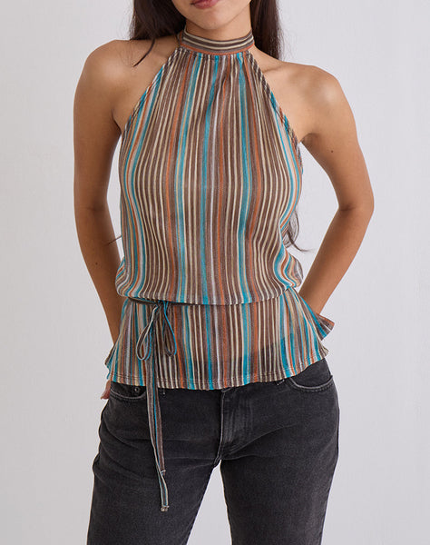Image of Brienne Top in Blue and Brown Shimmer Sheer Plisse
