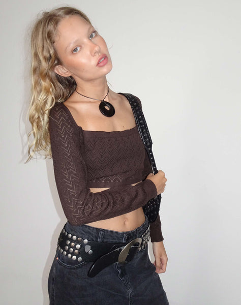 image of Calum Long Sleeve Top in Lightweight Pointelle Coffee