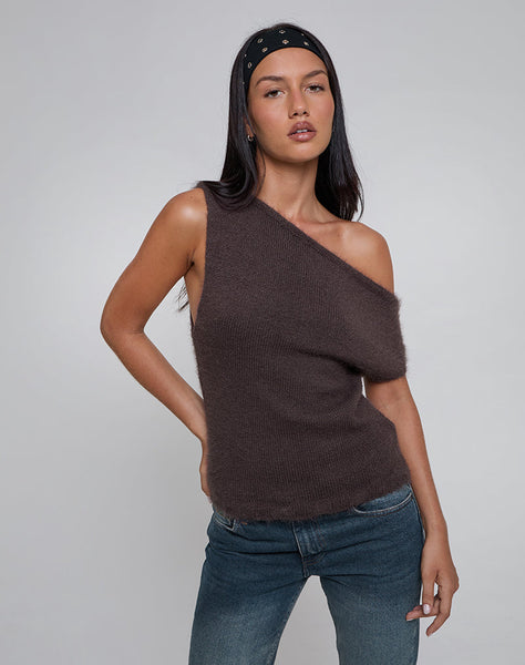 Image of Calyce Off Shoulder Top in Fluffy Knit Dark Brown