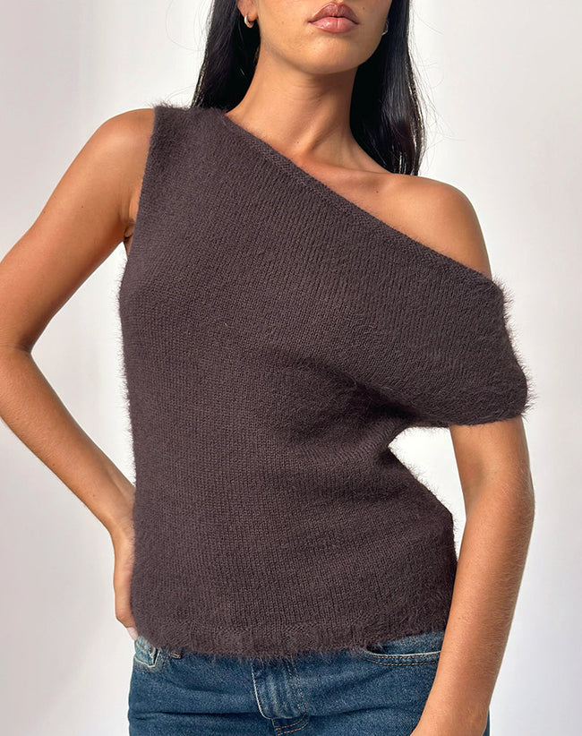 Image of Calyce Off Shoulder Top in Fluffy Knit Dark Brown