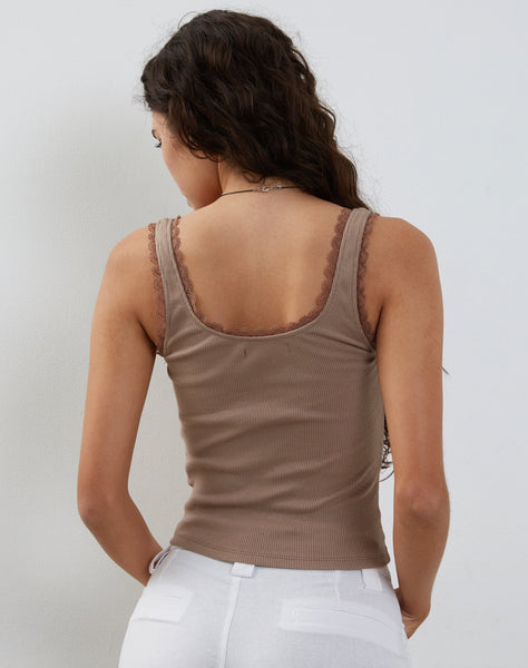 Image of Carillo Lace Trim Vest Top in Coffee