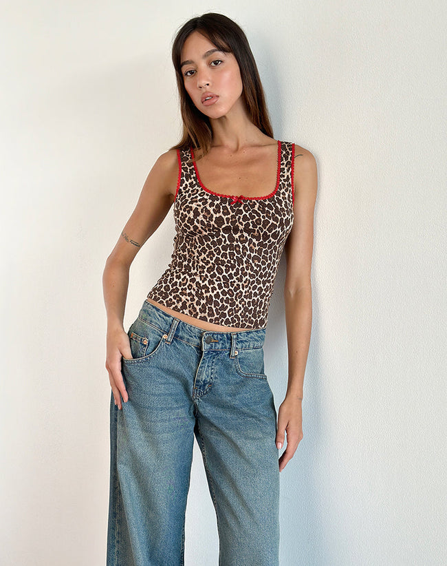 Image of Carillo Vest Top in Rar Leopard Sandstorm with Red Trim