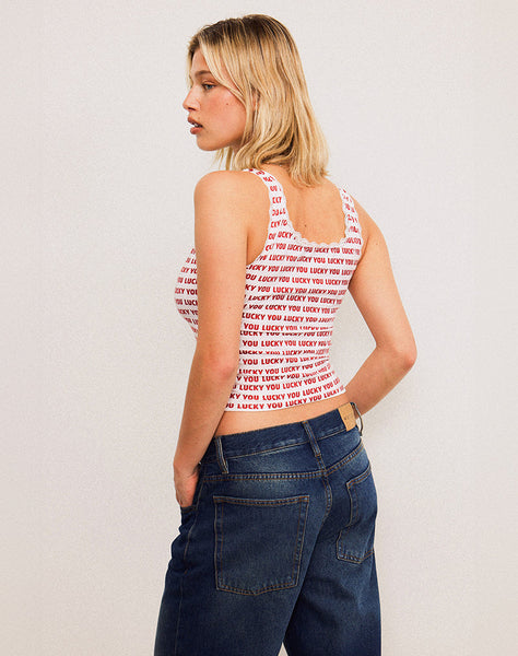 Image of Carillo Top in White with Lucky You Text in Red