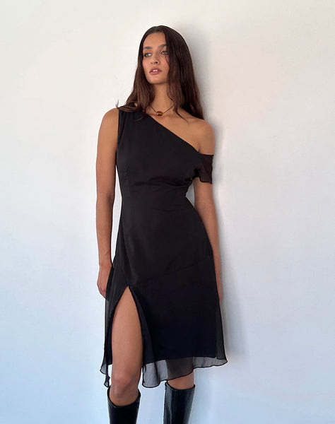 Image of Carissa One Shoulder Chiffon Midi Dress in Black