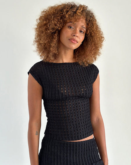 Jaina Puff Sleeve Top in Textured Black