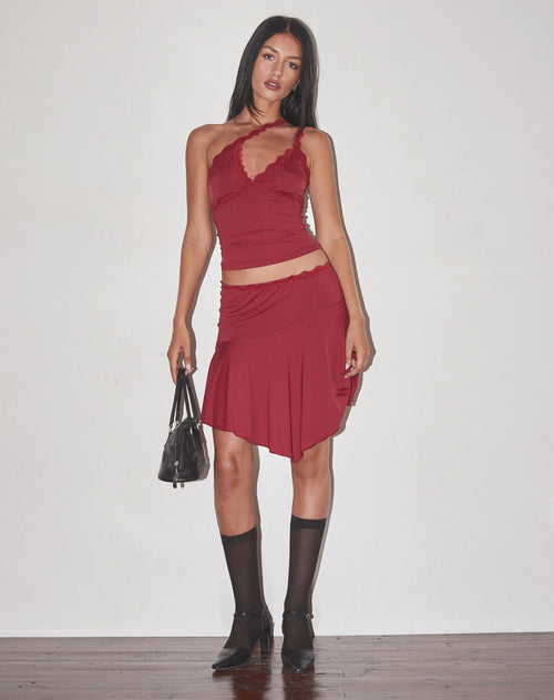 Image of Lula Lace Trim Mini Skirt in Dark Cherry