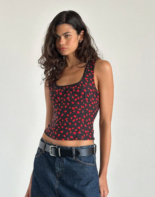 Image of Carys Vest Top in Strawberry Polka Black