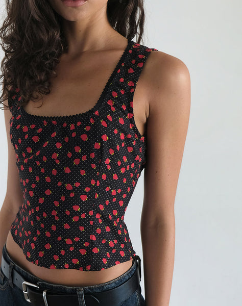 Image of Carys Vest Top in Strawberry Polka Black