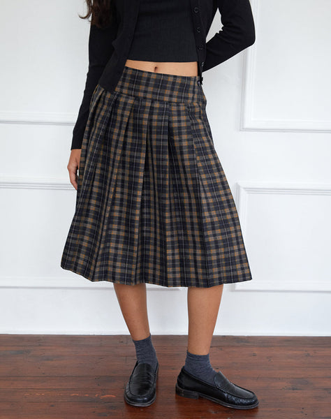 Image of Catelyn Pleated Midi Skirt in Navy Mustard Check