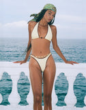 Image of Cerry Bikini Top with Beads in Ivory with Brown Binding