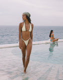 Image of  Farida Bikini Bottom in Ivory with Brown Binding