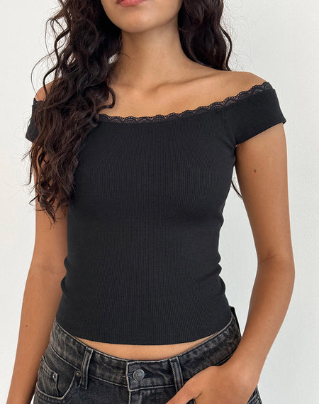 Reiba Long Sleeve Top in Black with Grey Binding