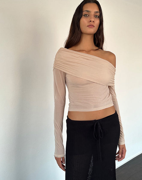 Image of Chidi Sheer Mesh Bardot Top in Camel