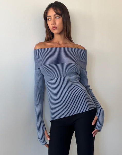 Image of Circe Knitted Bardot Jumper in Two Tone Blue