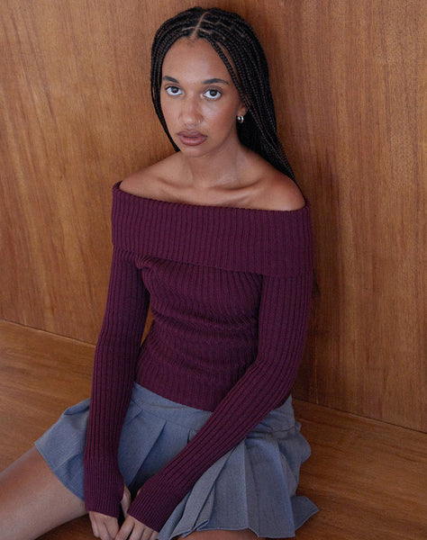 Image of Circe Knitted Bardot Jumper in Burgundy