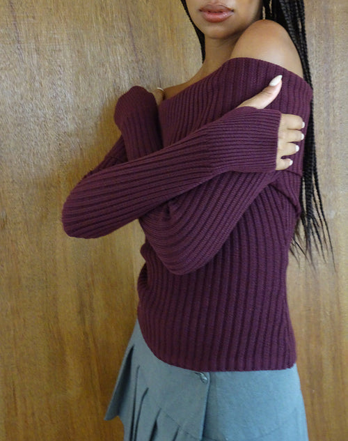 Image of Circe Knitted Bardot Jumper in Burgundy