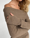 Image of Circe Off-Shoulder Long Sleeve Knit Top in Yarn Brown