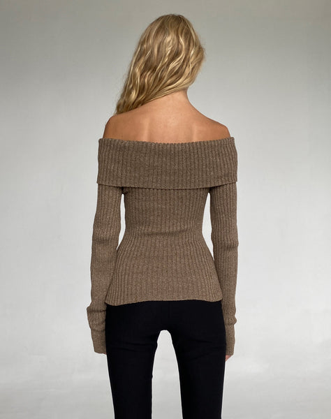 Image of Circe Off-Shoulder Long Sleeve Knit Top in Yarn Brown