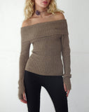 Image of Circe Off-Shoulder Long Sleeve Knit Top in Yarn Brown