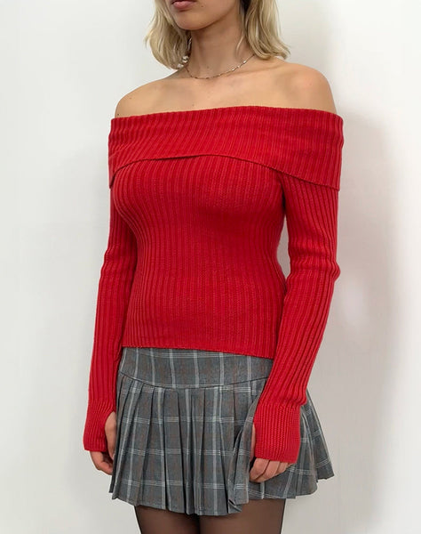 Image of Circe Off-Shoulder Long Sleeve Knit To in Red