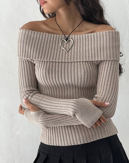 Awdella Knitted Long Sleeve Top in Beige