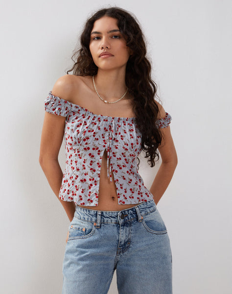 Image of Citra Bardot Frill Top in Blue Floral Ditsy