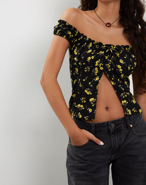 Image of Citra Bardot Frill Top in Buttercup Black Yellow