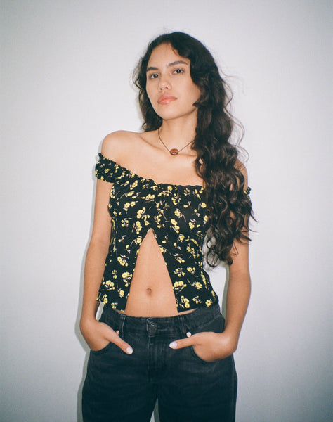 Image of Citra Bardot Frill Top in Buttercup Black Yellow