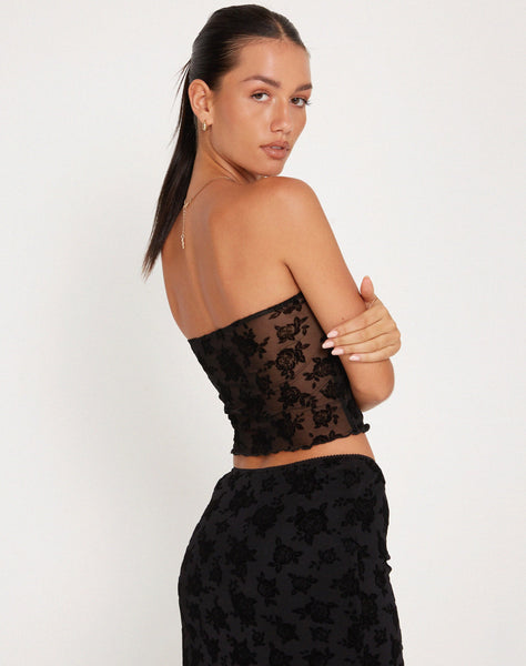 Image of Claryn Corset Top in Mesh Black Romantic Rose Flock