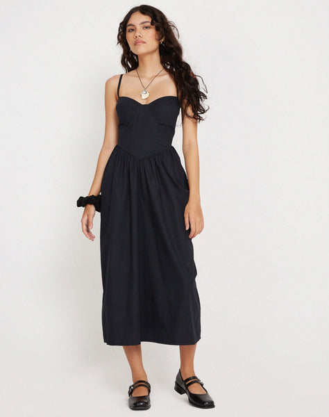 Image of Clementine Corset Midi Dress in Black Poplin