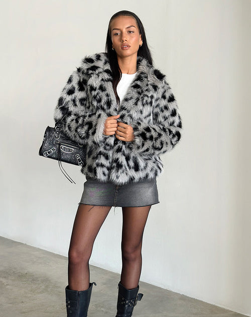 Image of Joji Cropped Faux Fur Jacket in Grey Leopard