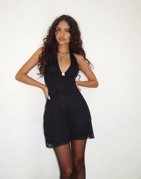 Image of Codami Halterneck Mini Dress in Lace Black