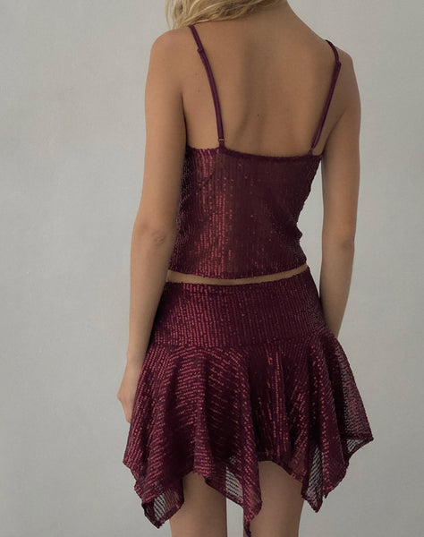 Image of Helga Waterfall Mini Skirt in Sequin Burgundy