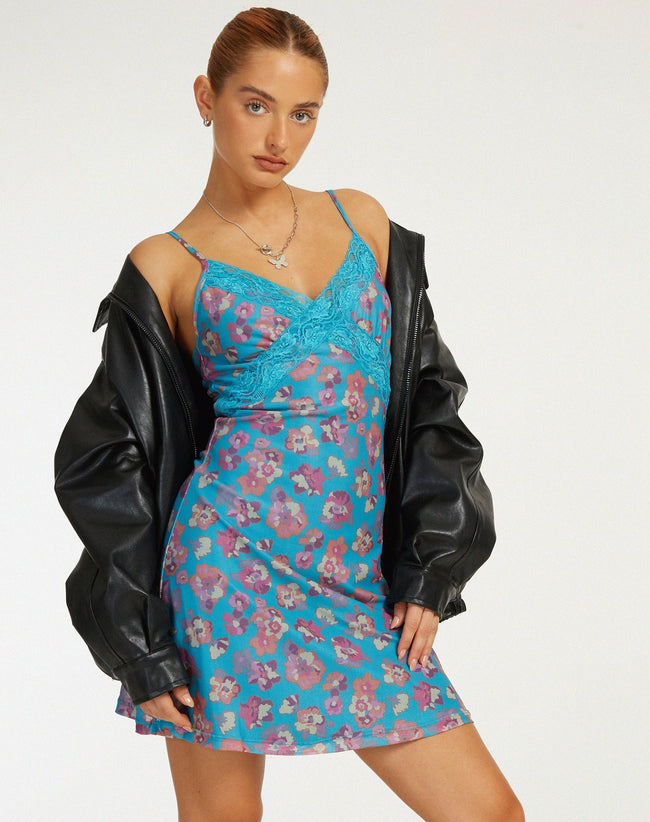 image of Coline Printed Mini Dress in Contrast Floral Blue