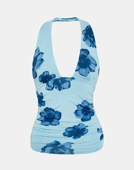 Arira Halterneck Top in Black with Pink Watercolour Flower