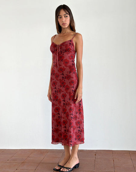 Naoya Midi Dress in Pink and Brown Lips Print