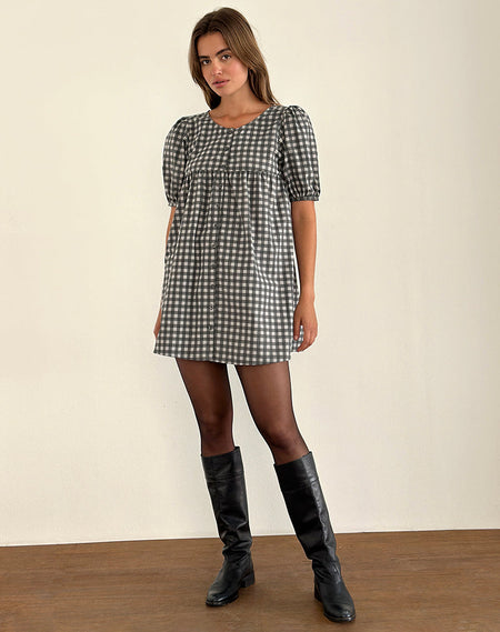 Asterin Mini Smock Dress in Navy Mustard Check