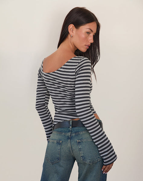 Image of Dalene Asymetric Long Sleeve Top in Grey and Black Stripe