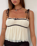 Image of Damaris Frill Cami Top in Cream with Black Centre Bow